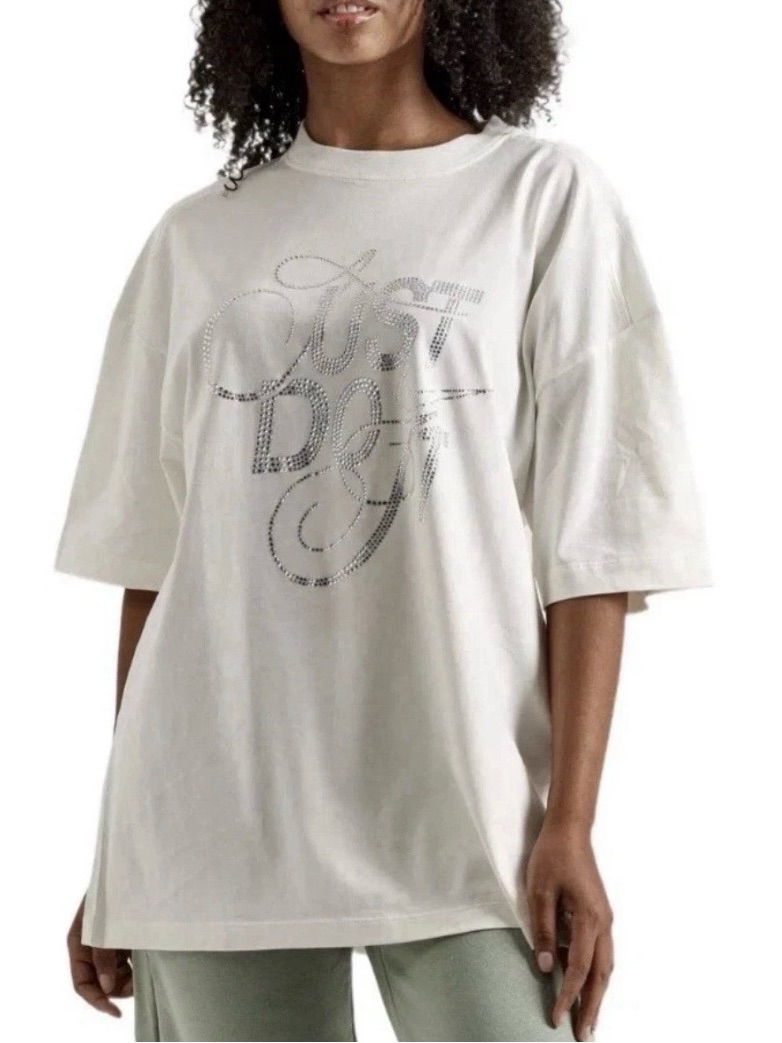 Nike Womens White Oversized Fit T-Shirt W/Rhinestone "Just Do It" Graphic S